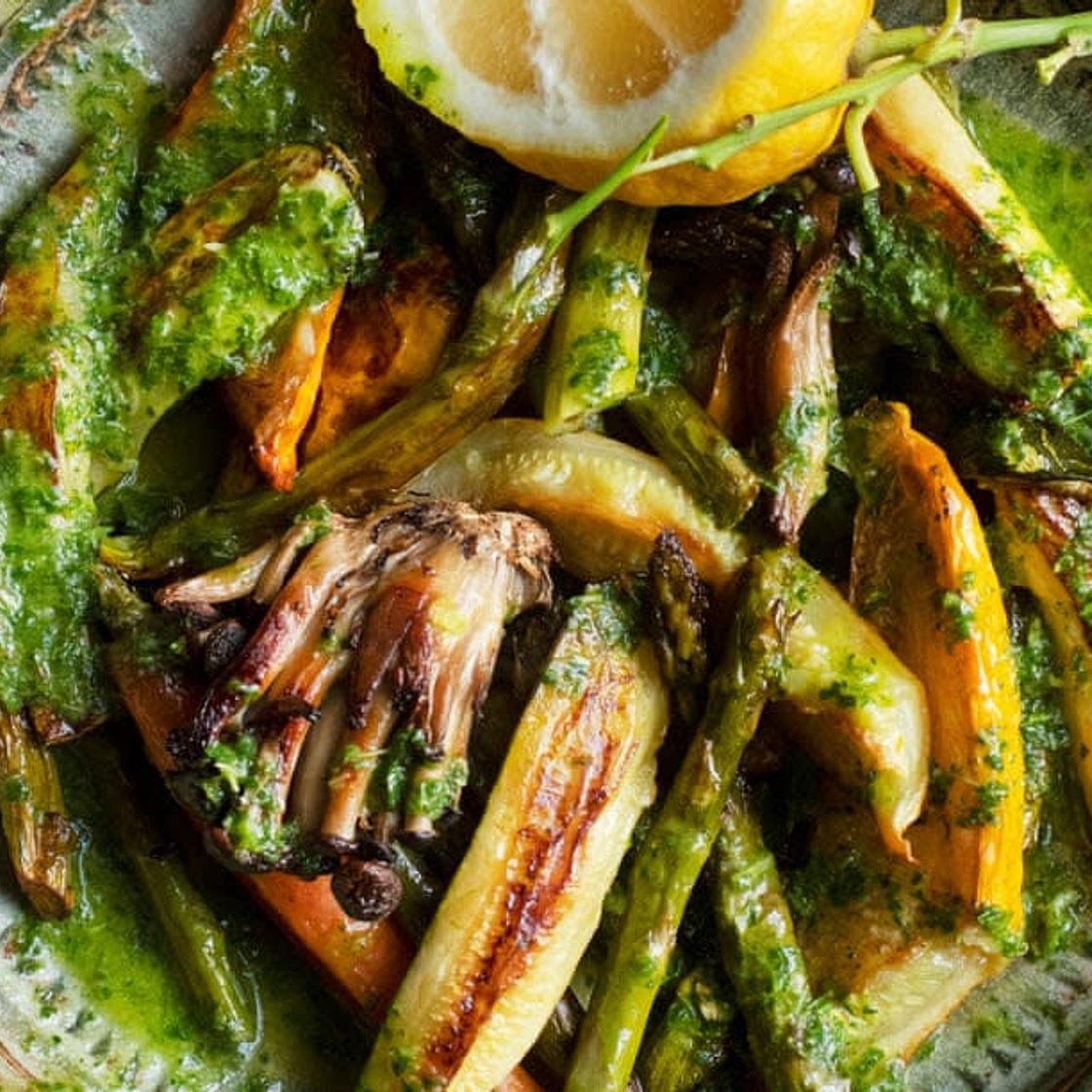 Nigel Slater's Roast spring vegetables, tarragon and lemon dressing