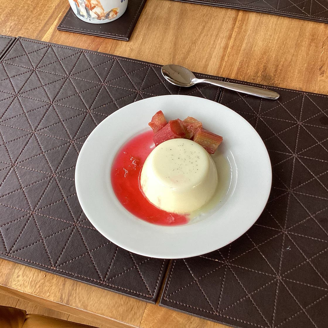 White chocolate panna cotta with stewed rhubarb