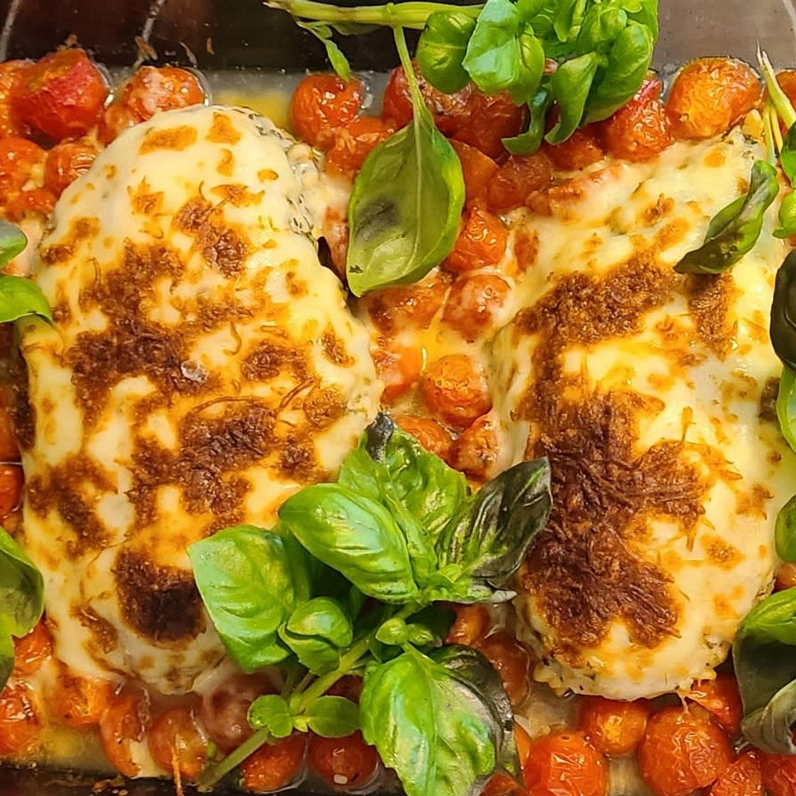 Pesto Baked Chicken with Tomatoes and Mozzarella
