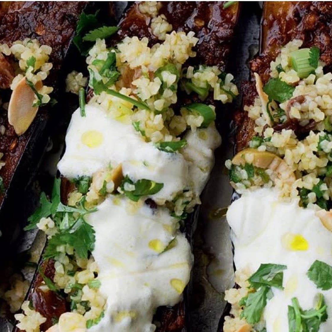 Chermoula aubergine with bulgur and yoghurt