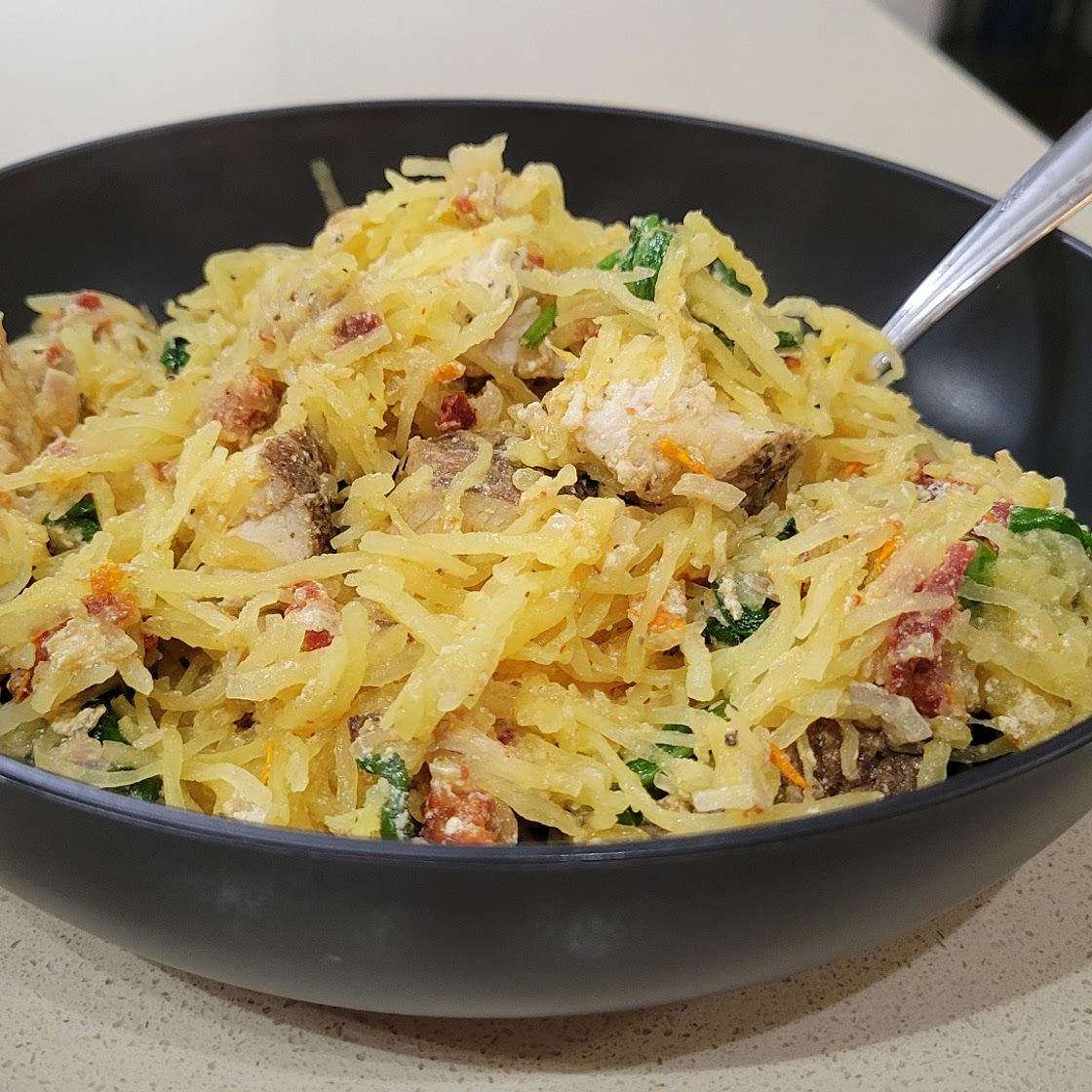 Spaghetti Squash Tuscan Chicken Alfredo