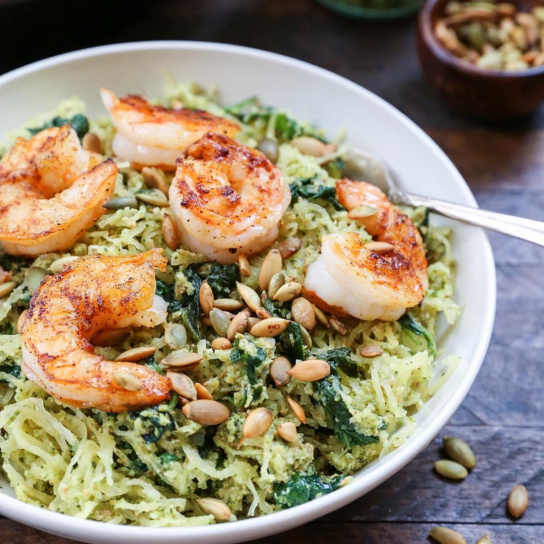 Pesto Spaghetti Squash with Sautéed Shrimp