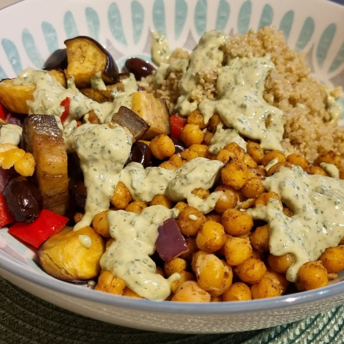 Roasted Chickpea & Veggie Bowls with Green Tahini Sauce