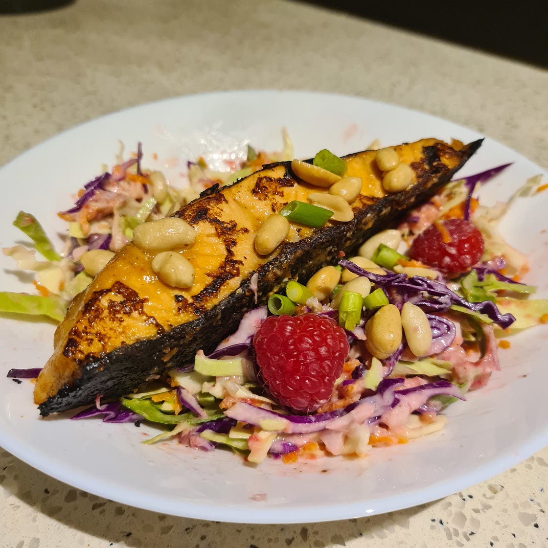 Peanut Butter Salmon with Berry Slaw