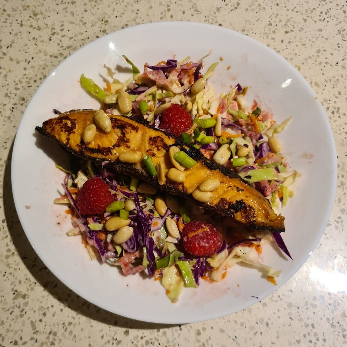 Peanut Butter Salmon with Berry Slaw