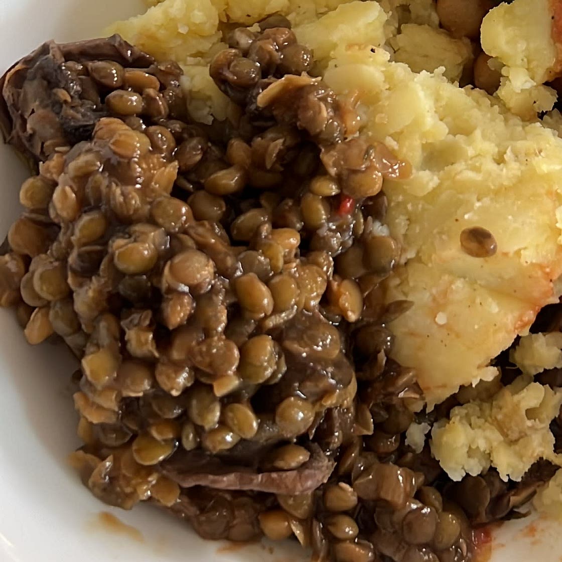 Lentil Mushroom Stew over Mashed Potatoes