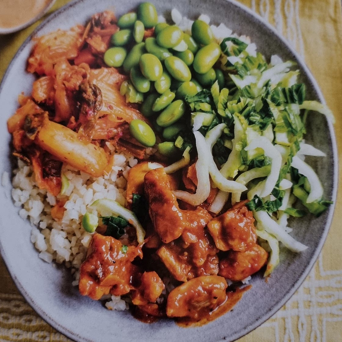Spicy Korean chicken bowl with kimchi and cauliflower rice