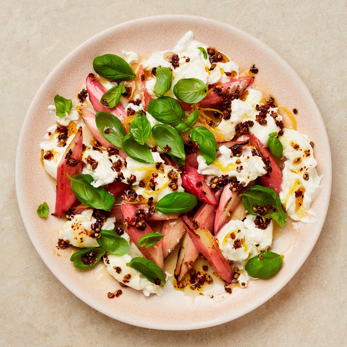 Grilled rhubarb with burrata and pink peppercorn oil