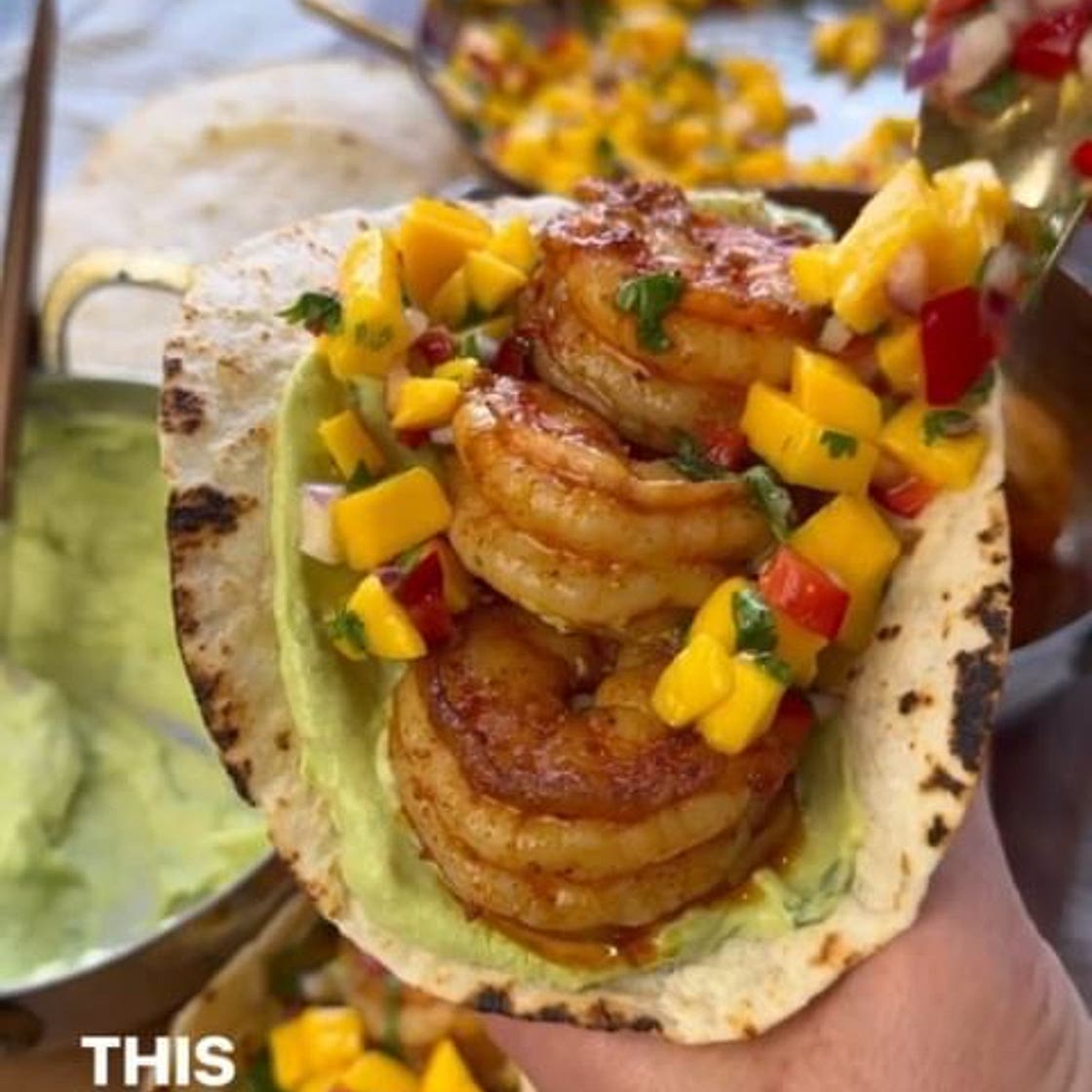 Chipotle Shrimp Tacos with Avocado Crema and Mango Salsa by