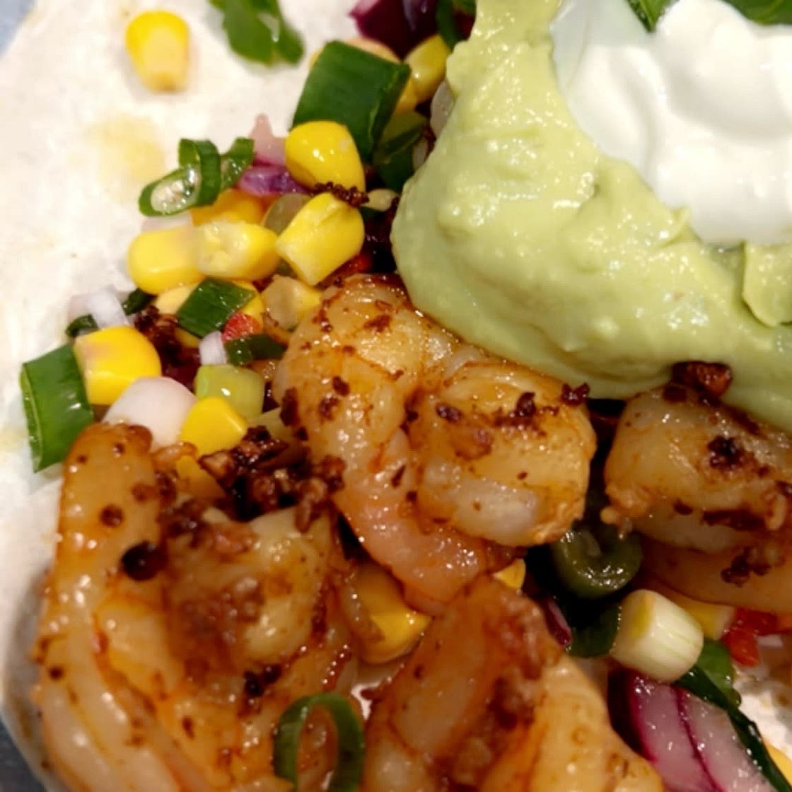 Chipotle Shrimp Tacos with Avocado Crema and Mango Salsa by