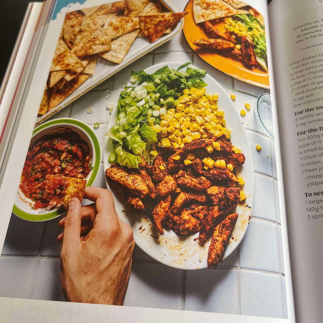 Chipotle chicken with air fryer tortilla chips and blended salsa