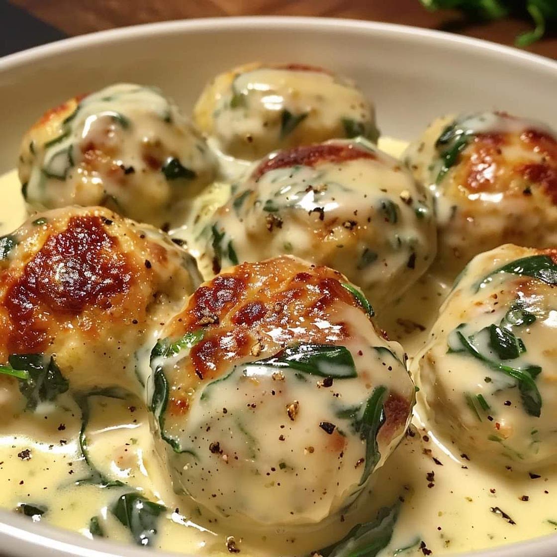 Chicken Riccotta Meatballs with Spinach Alfredo Sauce