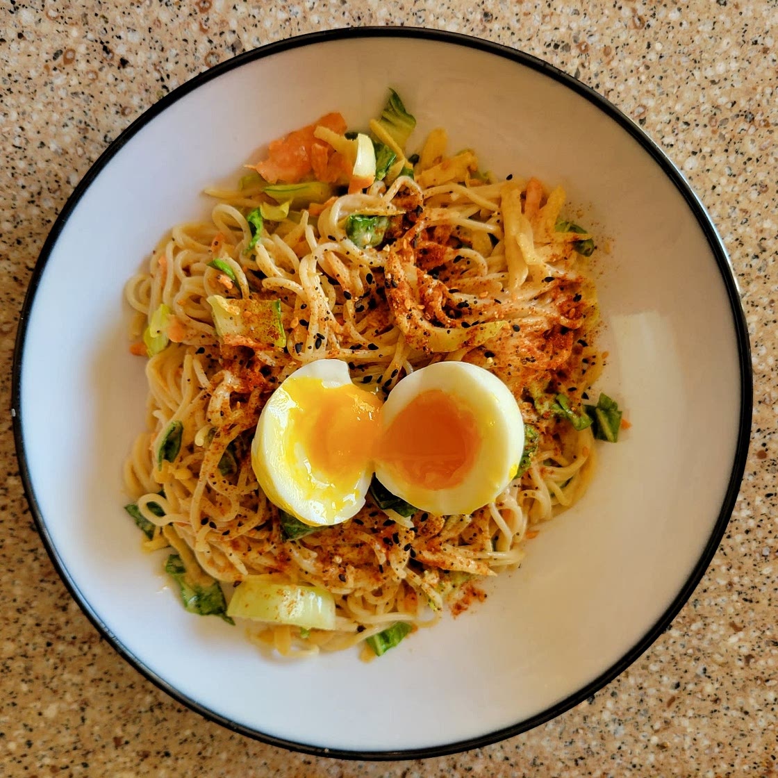 Spicy Cold Sesame Noodles with Bok Choy, Carrots & Soft-Boiled Eggs