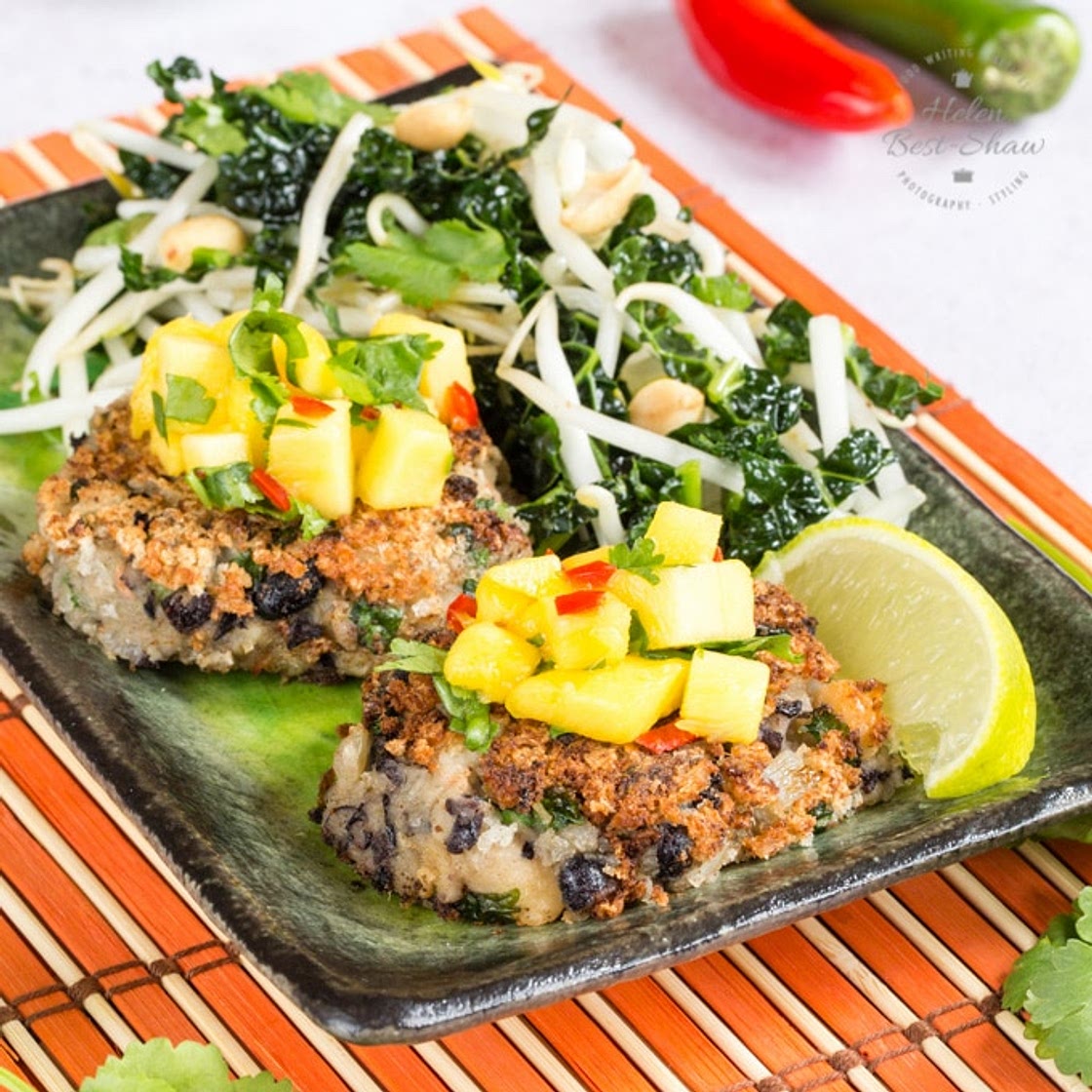Thai Green Curry Spicy Bean Burgers with Mango Salsa
