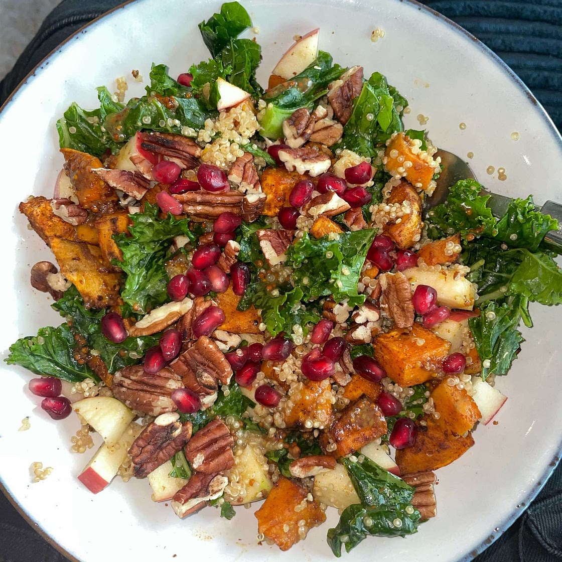 Maple Quinoa and Kale Super Salad with Spiced Sweet Potatoes
