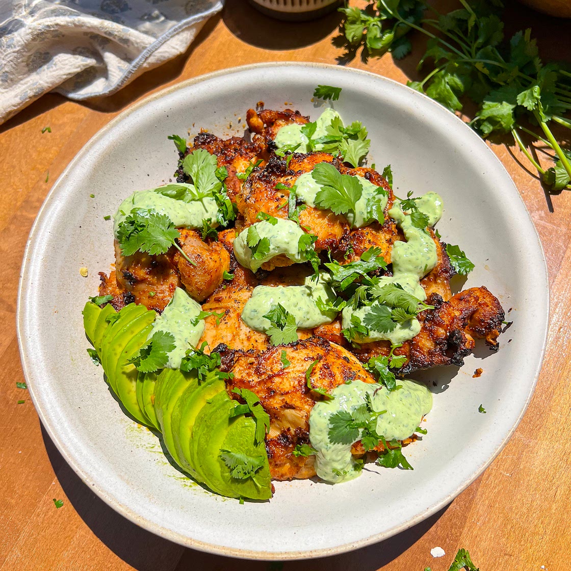 (Air Fryer) Peruvian Chicken Thighs with Creamy Avocado Green Sa