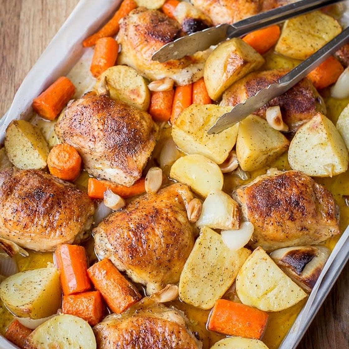 Roasted potatoes, carrots and chicken