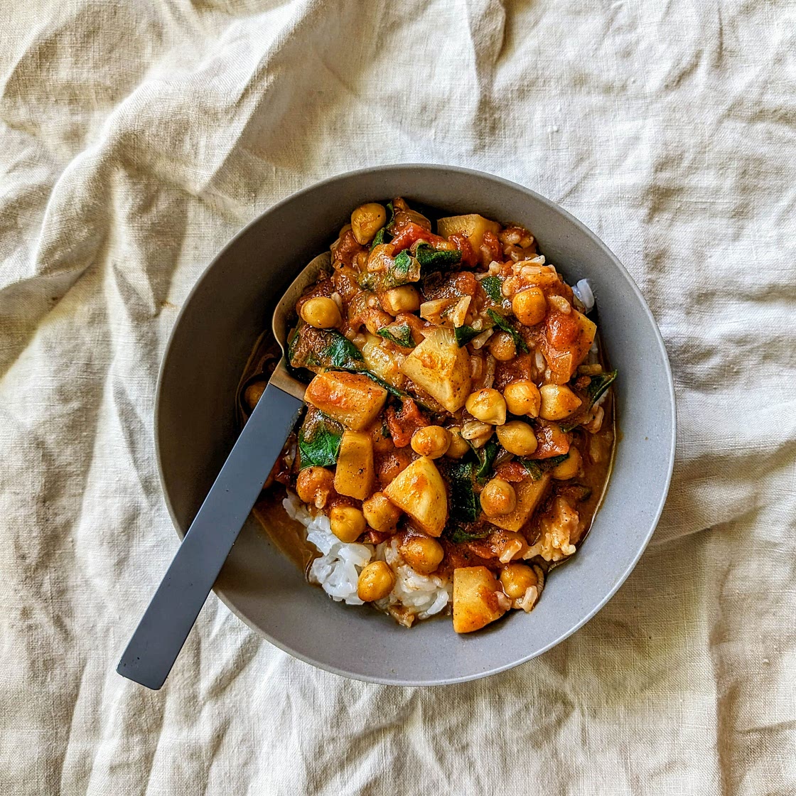 Coconut Chickpea & Turnip Curry with Spinach & Rice