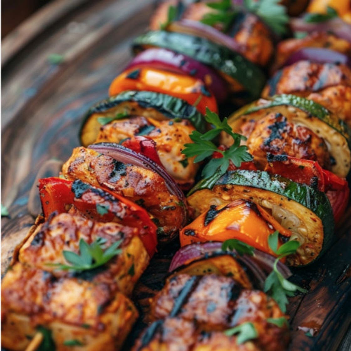 Brochettes Veganos a la Parrilla de Tofu y Verduras, Marinados con Salsa de soja y Wasabi