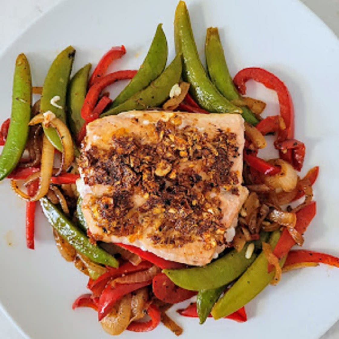 Orange Ginger Salmon with Snap Peas and Peppers