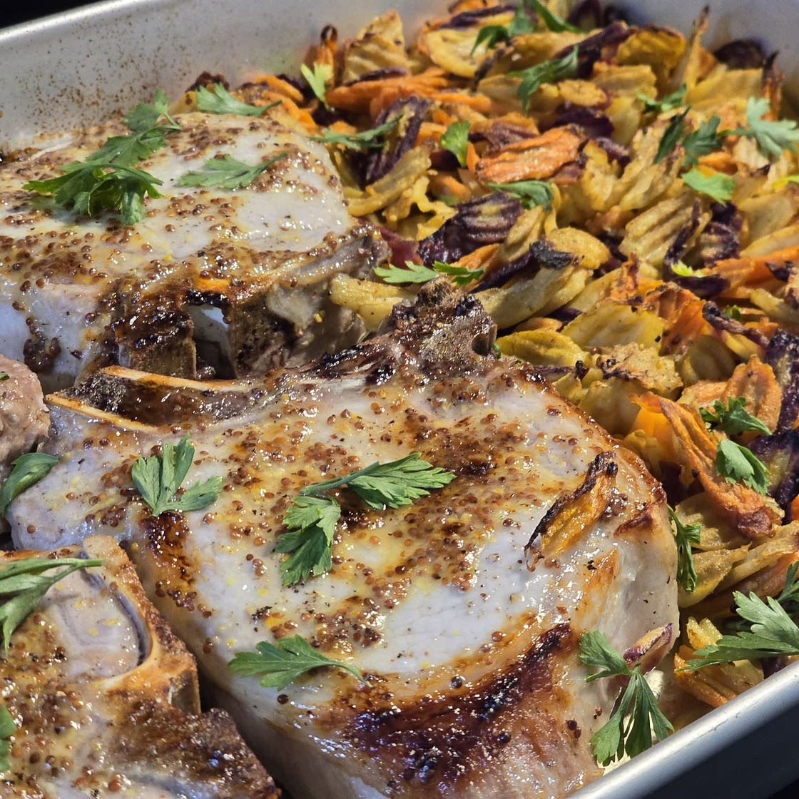 Sheet-Pan Maple-Mustard Pork Chops & Carrots