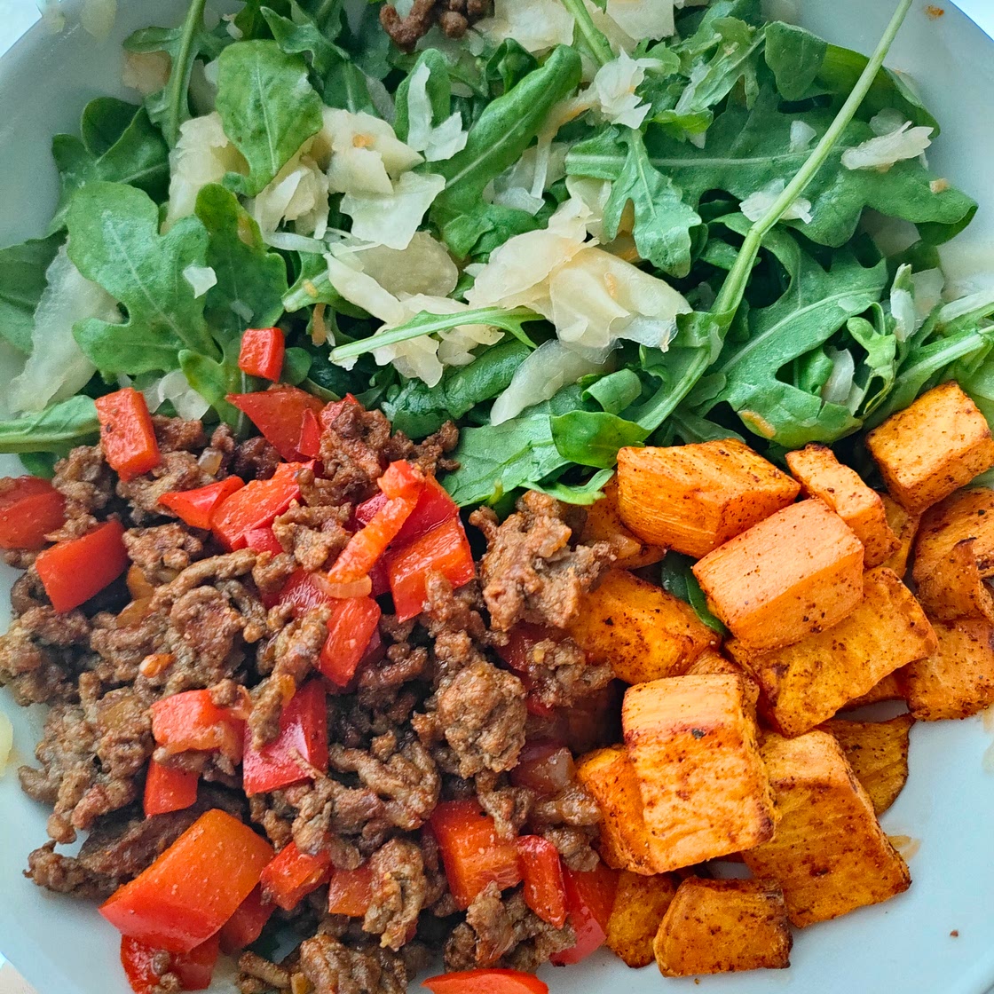 Ground Beef and Sweet Potato Skillet with Sauerkraut Salad