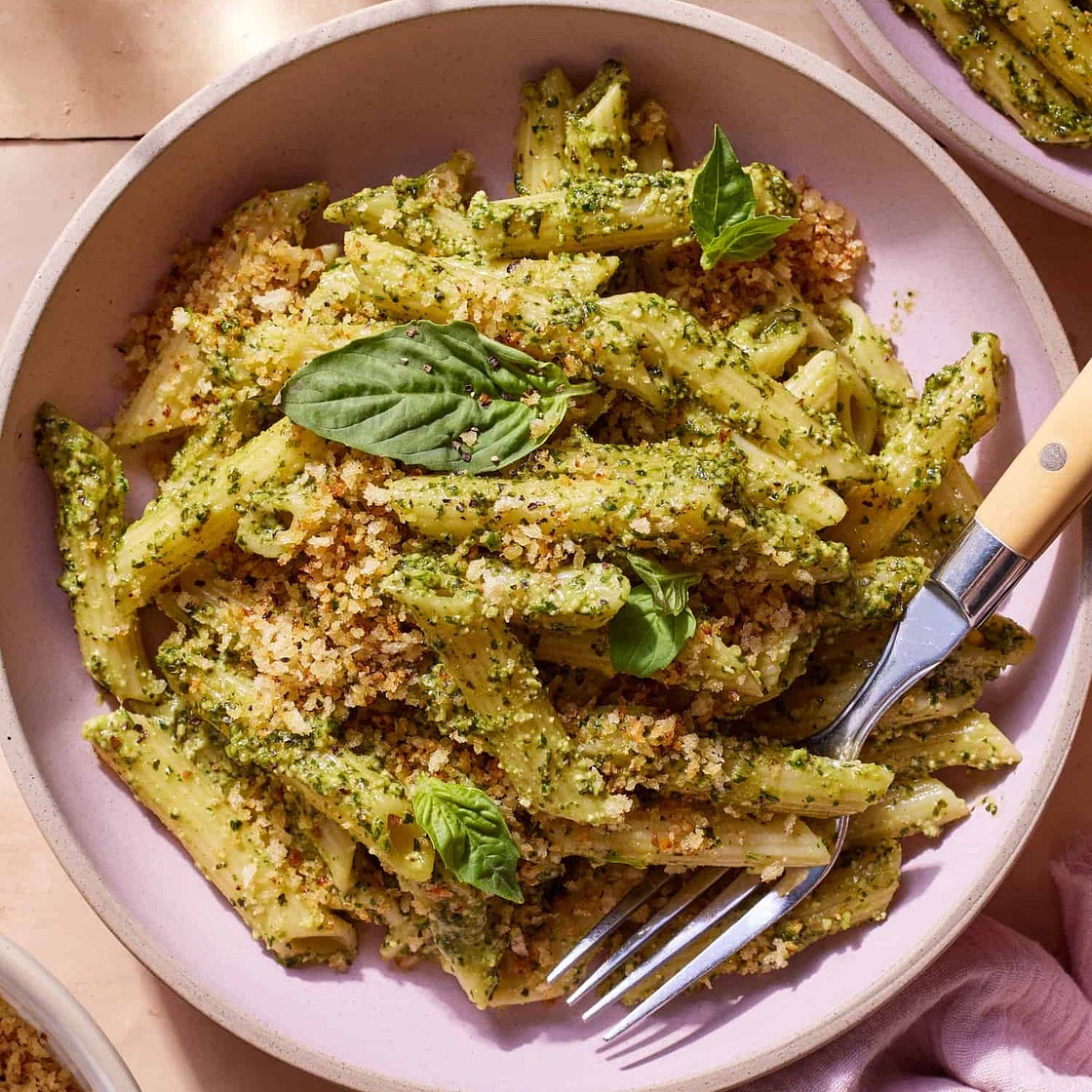 Walnut Pesto Pasta with Crunchy Garlic Breadcrumbs