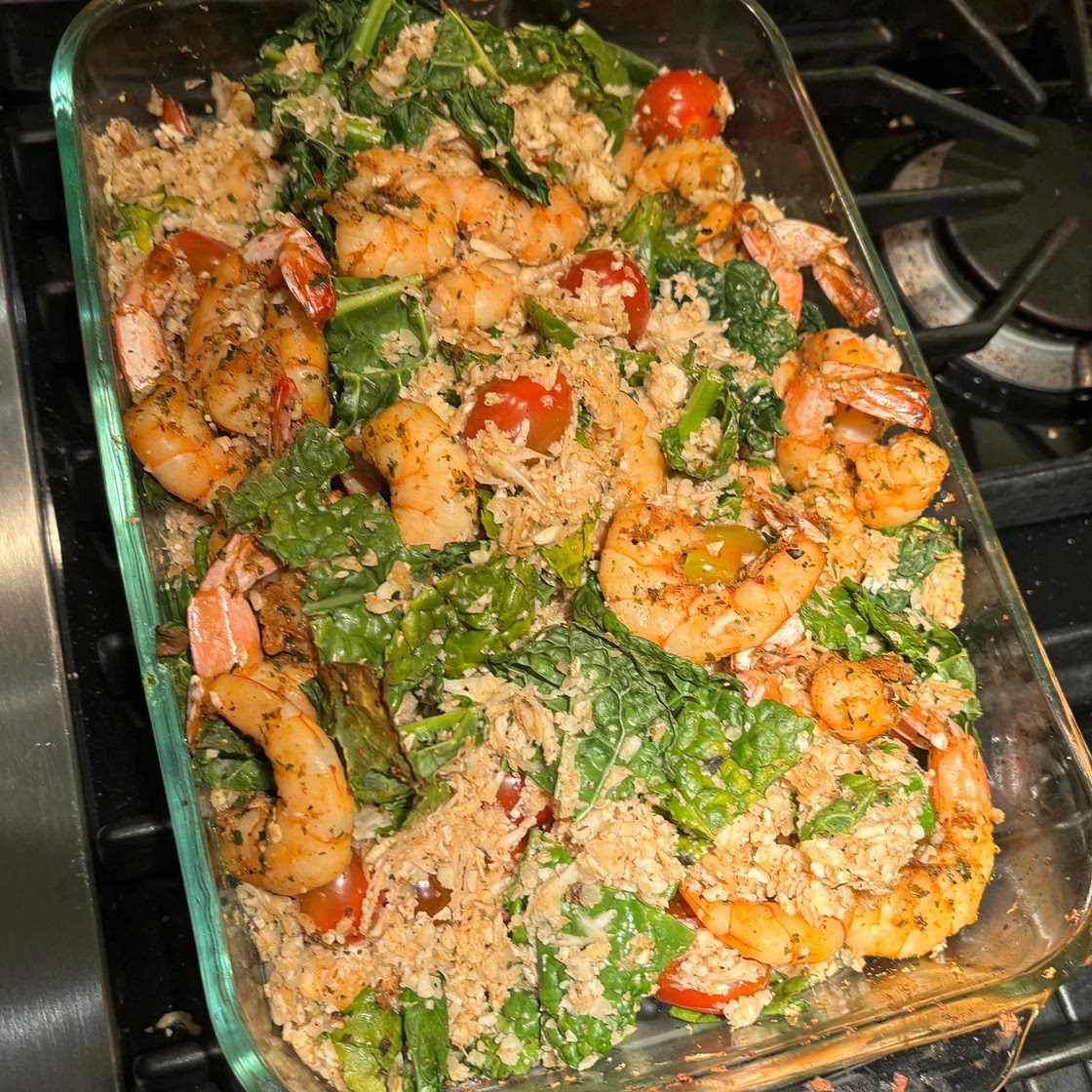 Spicy Cajun Shrimp, Kale + Cauliflower Rice