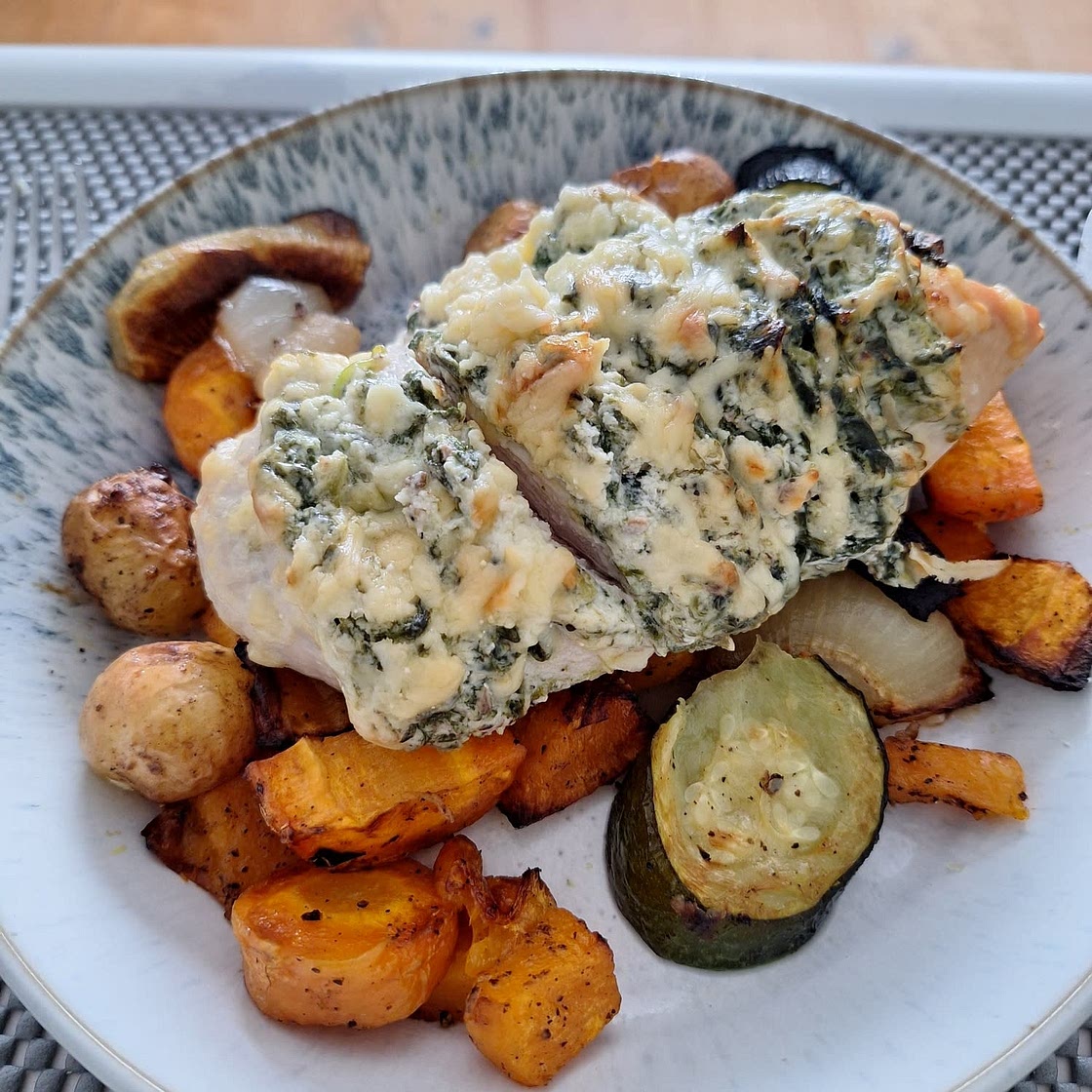 Hasselback Chicken with Spinach + Goat Cheese