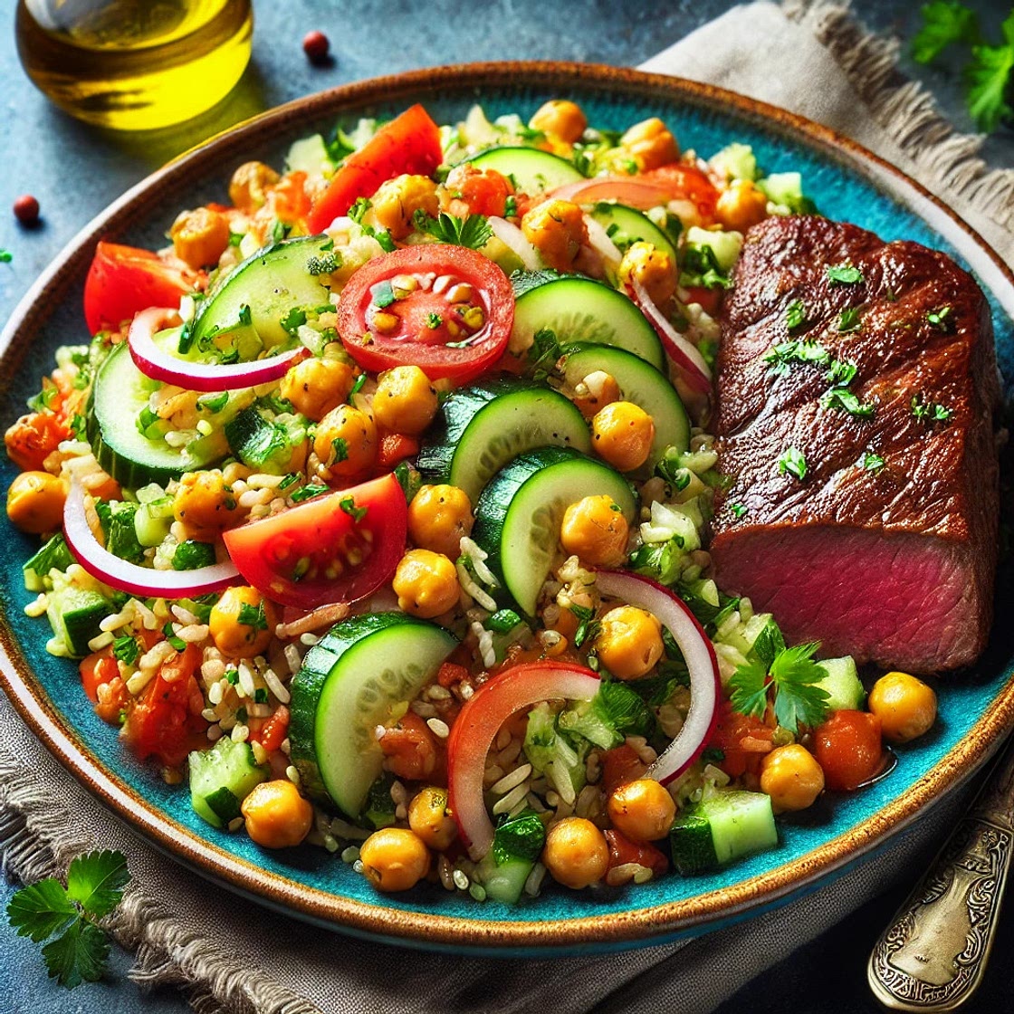 Salade boeuf, pois chiches avocat et riz