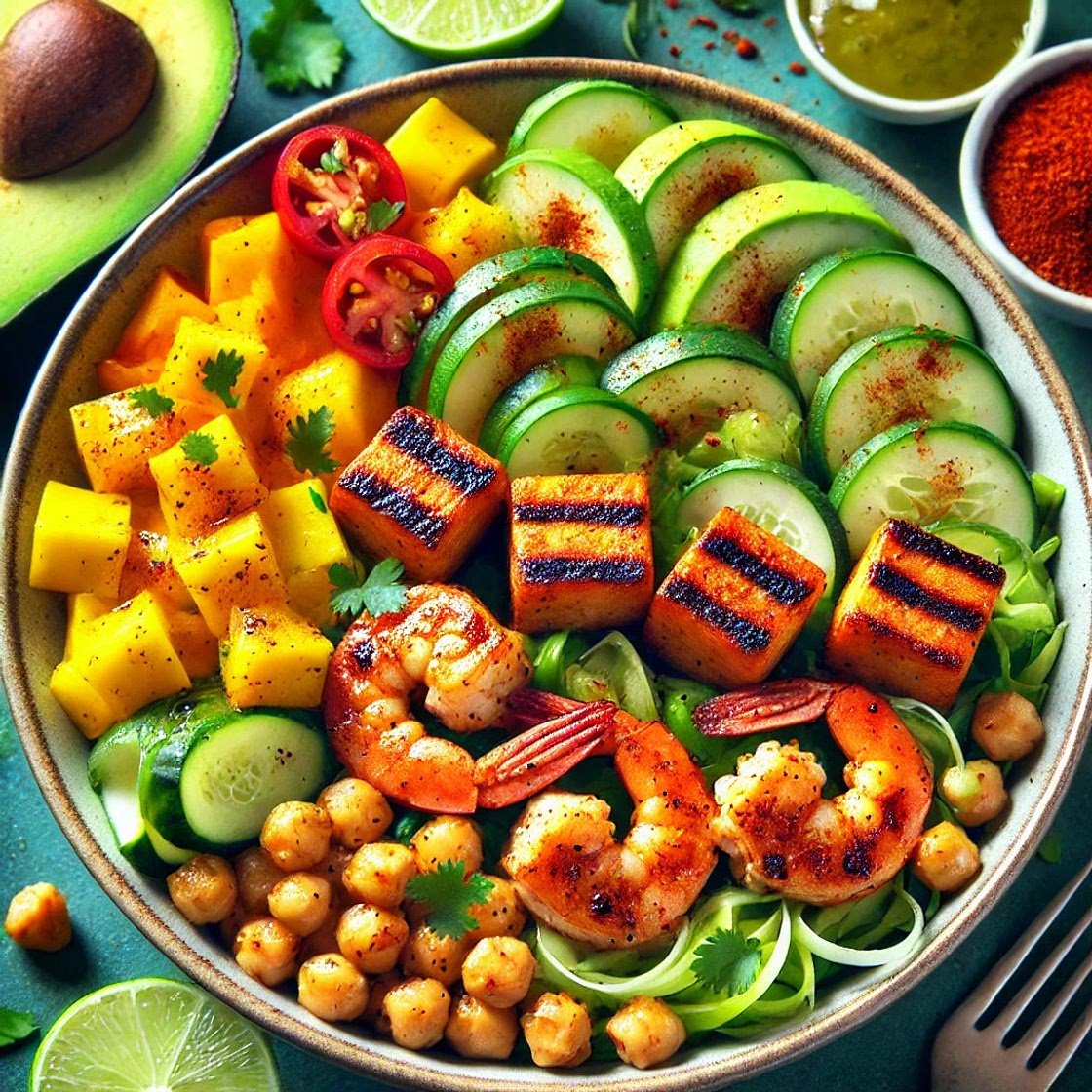 Salade seitan crevettes mangue avocat