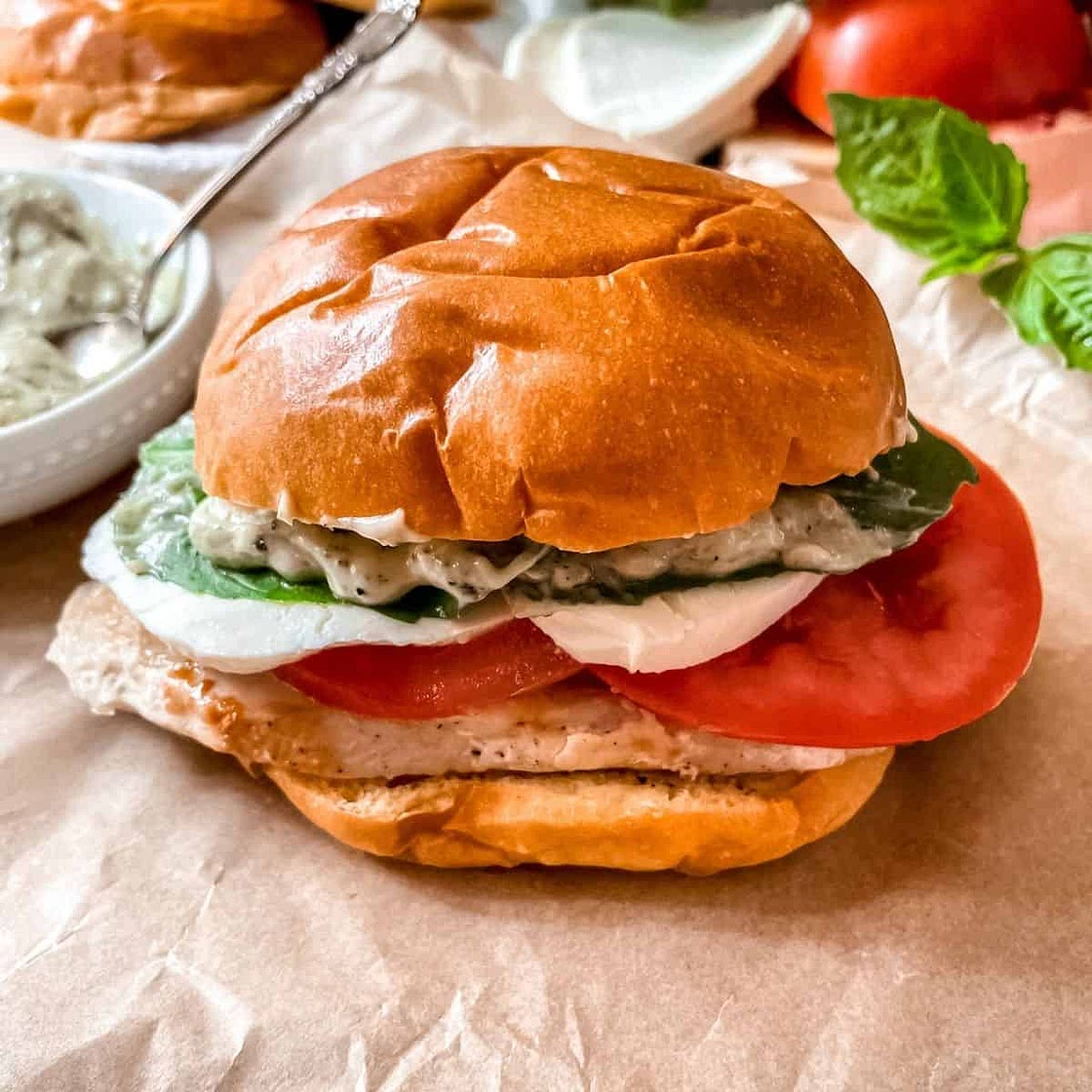 Caprese Chicken Sandwich with Basil Pesto Mayo
