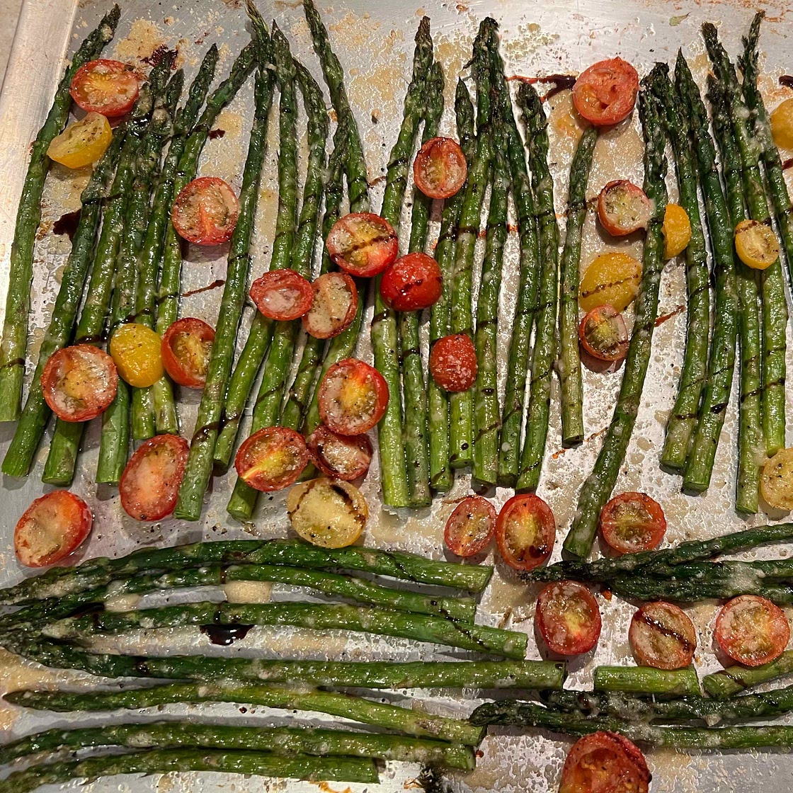 Balsamic Parmesan Roasted Asparagus and Tomatoes
