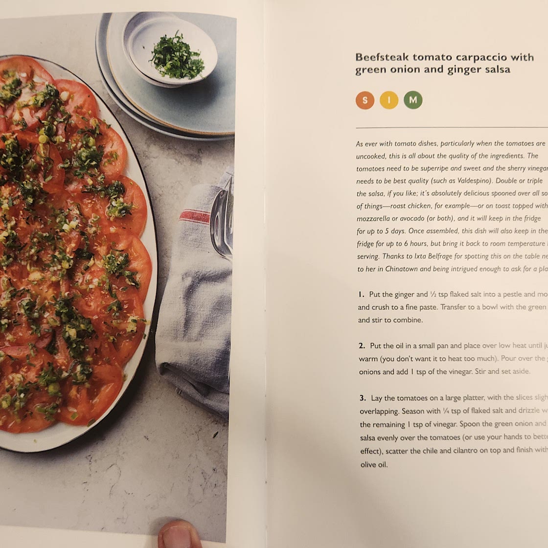 Beefsteak tomato carpaccio with green onions and ginger salsa