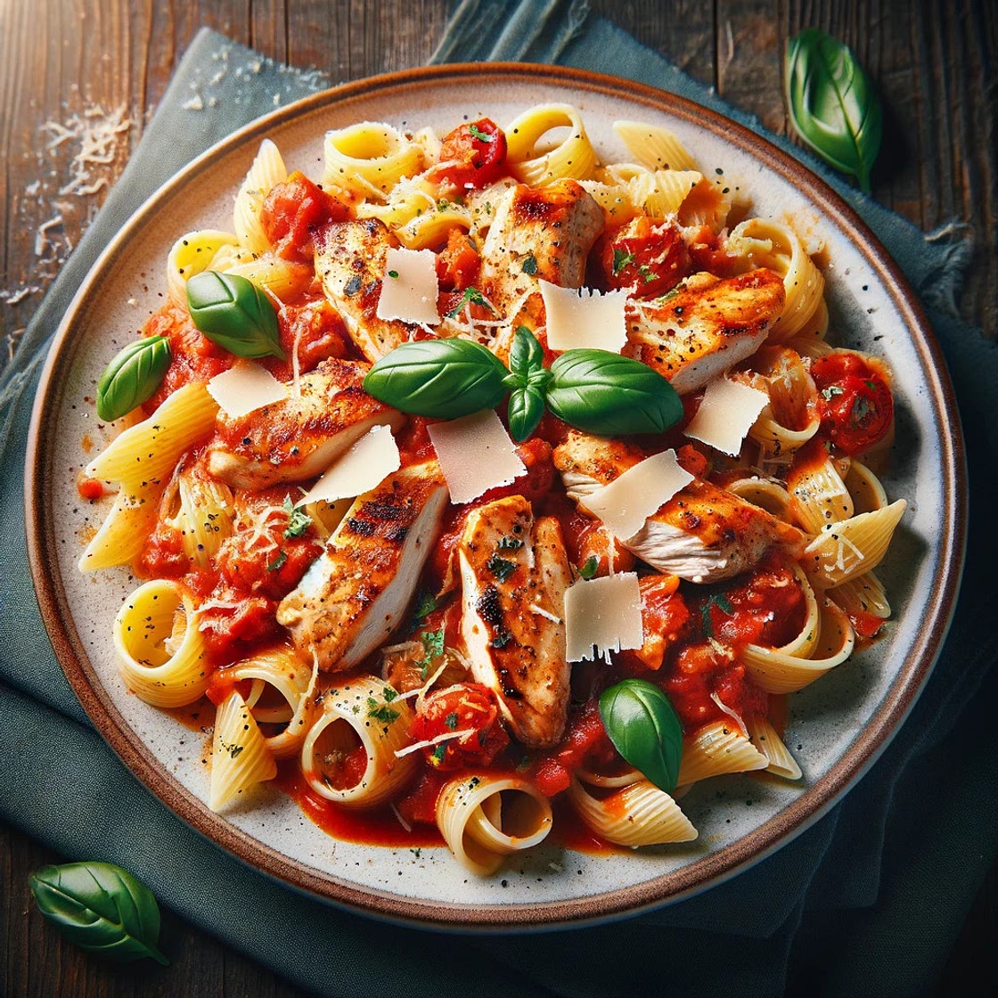 Pâtes au poulet parmesan, sauce tomate et basilic