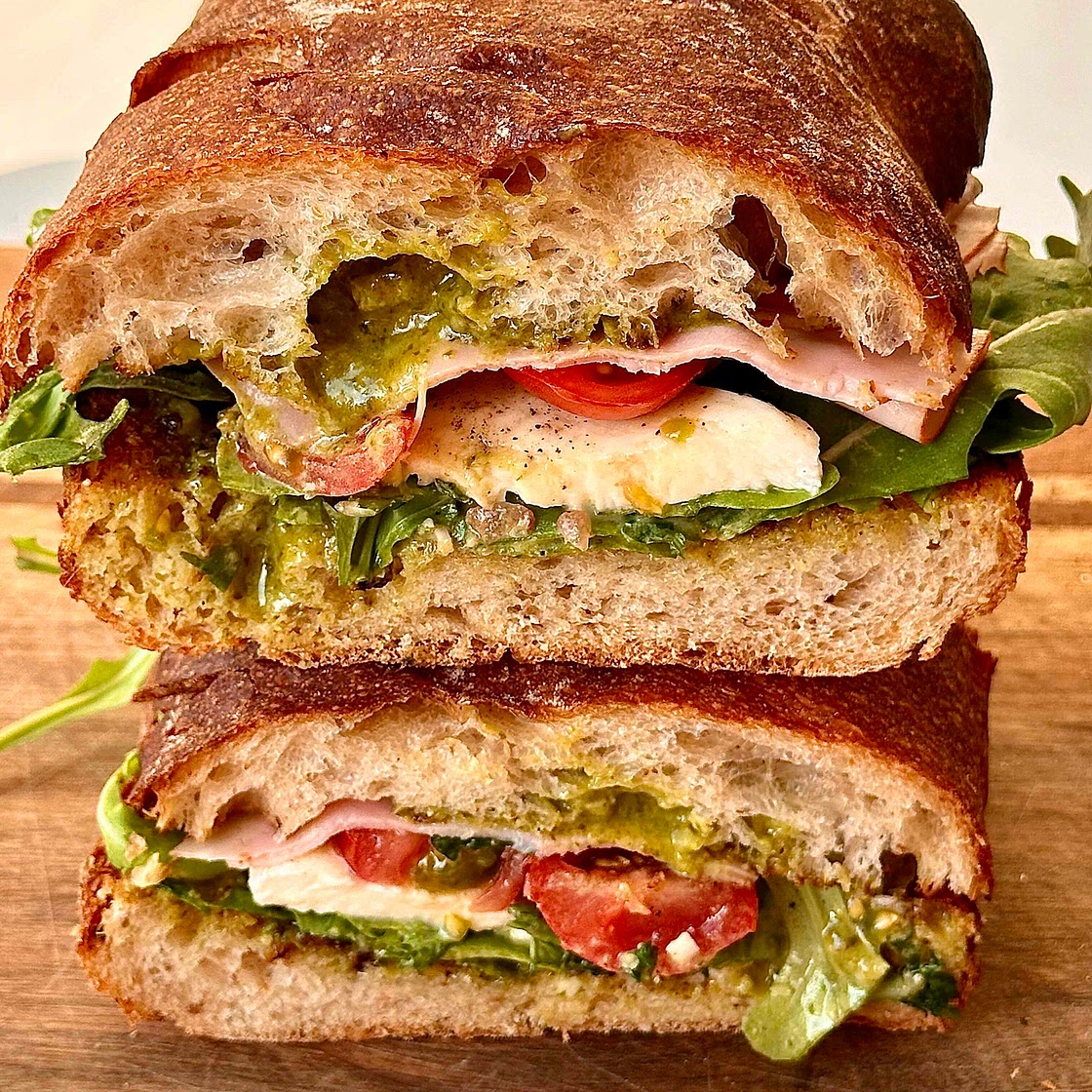 Toasted  Ciabatta with Pesto Mozzarella and Rocket 