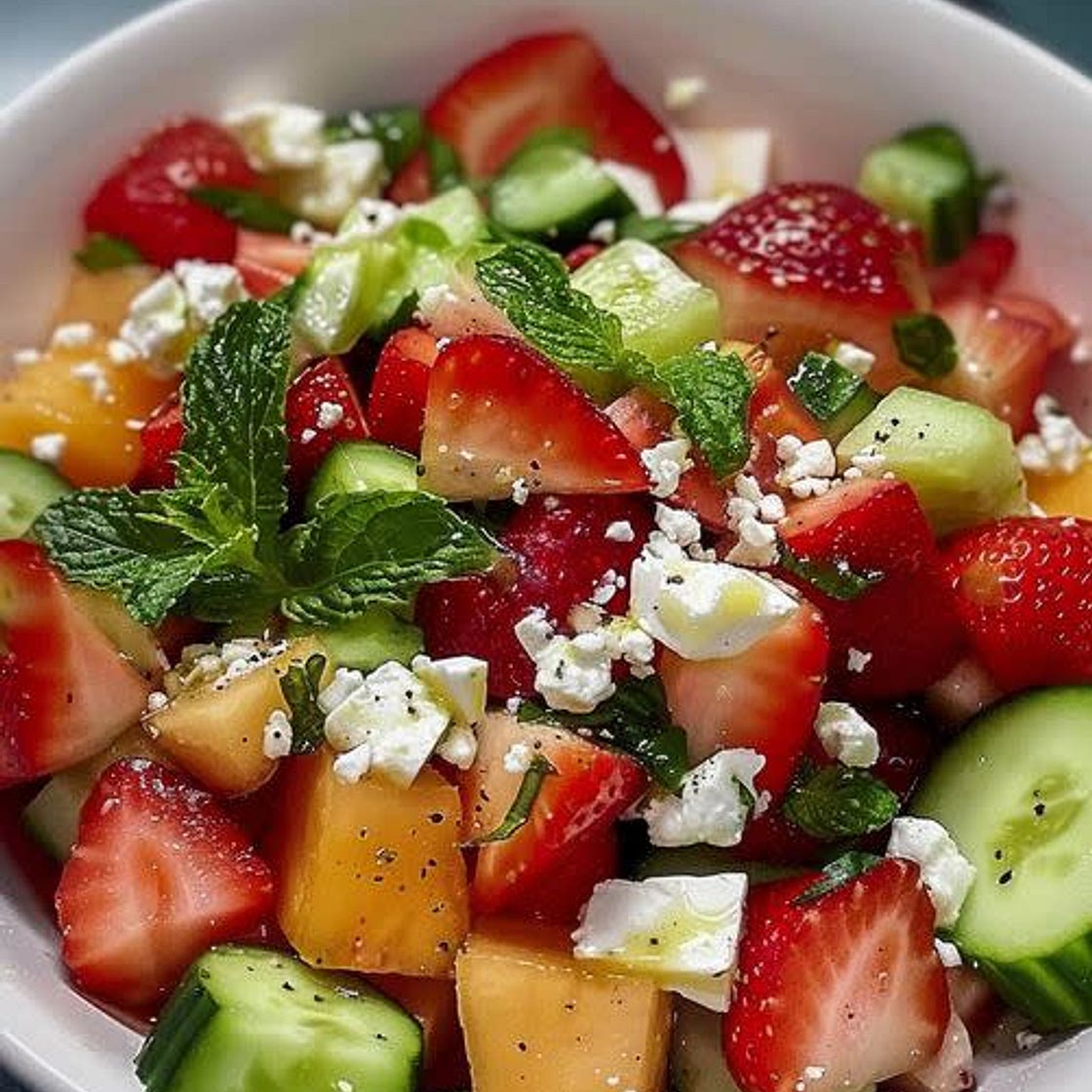 Salade de Fraises, Melon, Concombre, Fromage Feta et sa Vinaigrette Sucrée