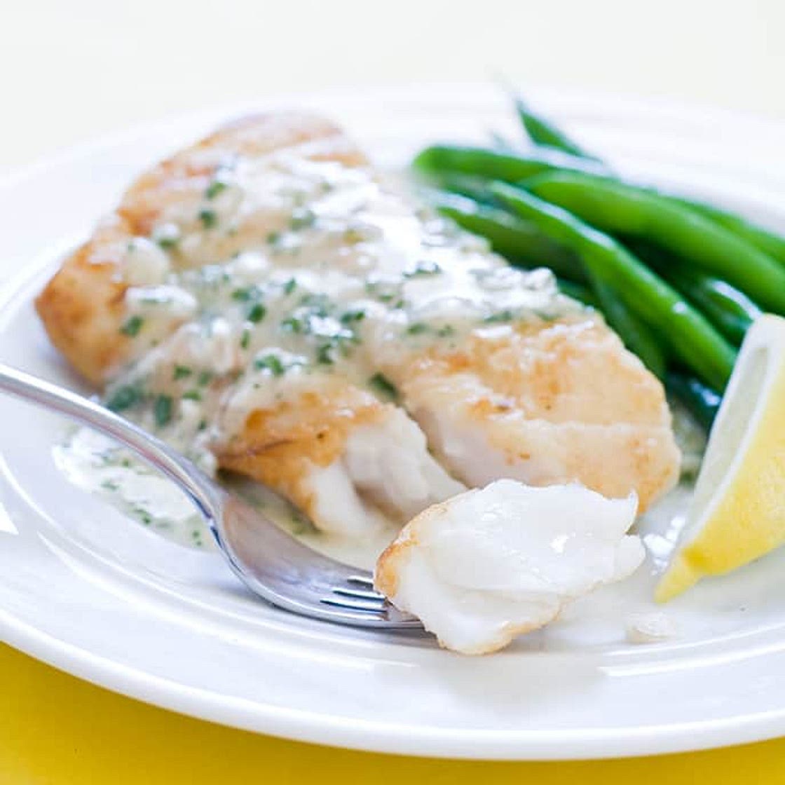 Pan-seared Cod, Herb-butter Sauce, and Roasted Green Beans