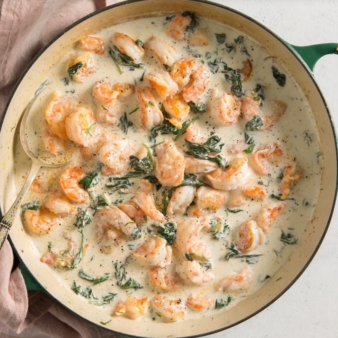 Creamy Spinach-Dill Shrimp over noodles