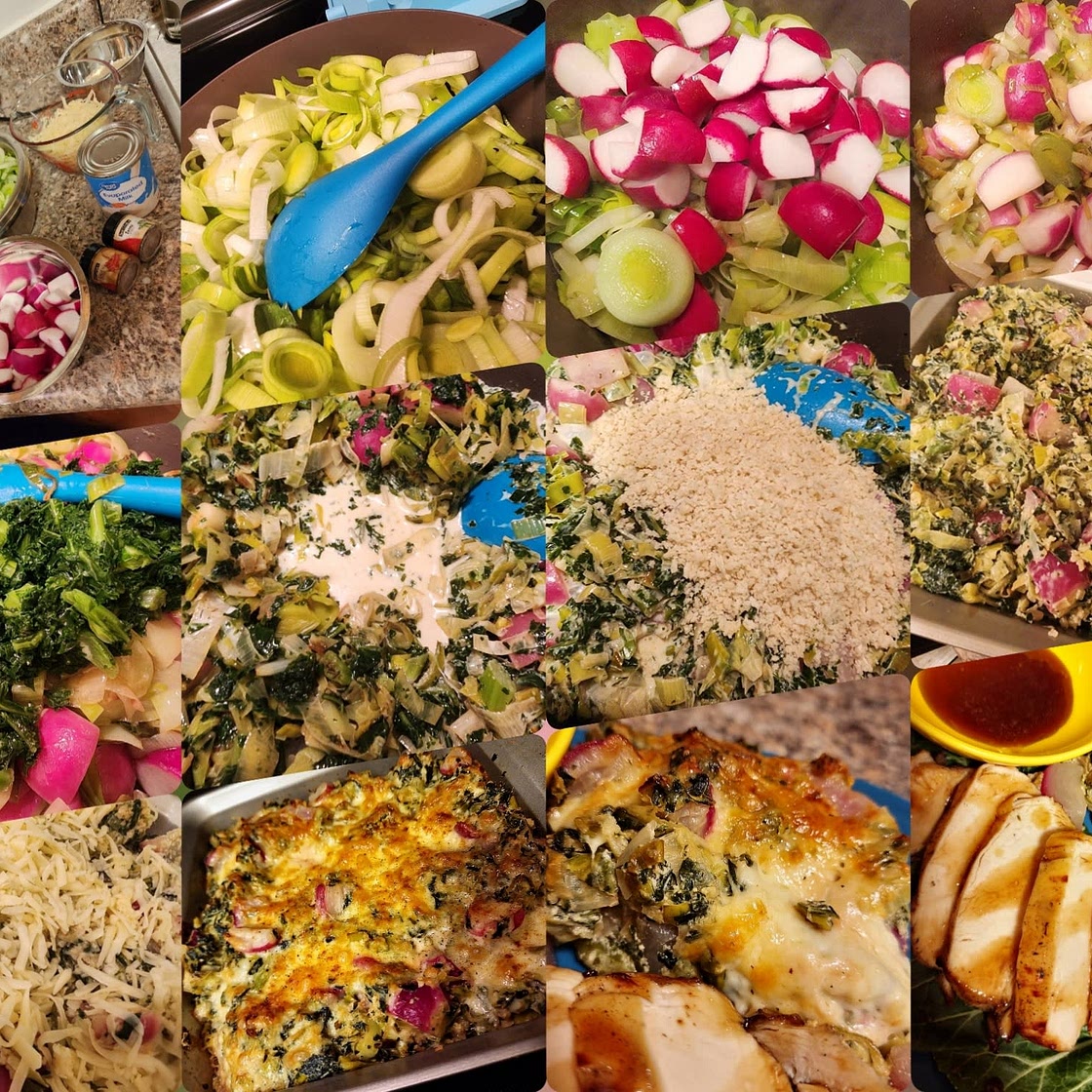 Kale, Radish, and Leek Gratin with Gruyere Cheese
