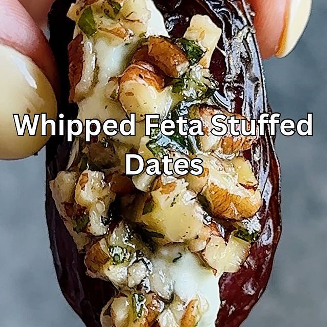 WHIPPED HERBED FETA STUFFED DATES!! Topped with a honey-pecan-basil crunch—these are 💣 • 8 oz pitted Medjool dates 6 oz feta cheese ½ cup Greek yogurt ⅓ cup chopped parsley&nbsp; Juice of ½ lemon&nbsp; ¼ tsp salt Pepper to taste ½ cup toasted pecans, fine