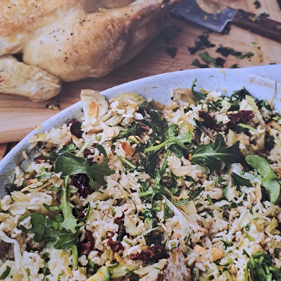 Roast chicken with veg and herby brown rice