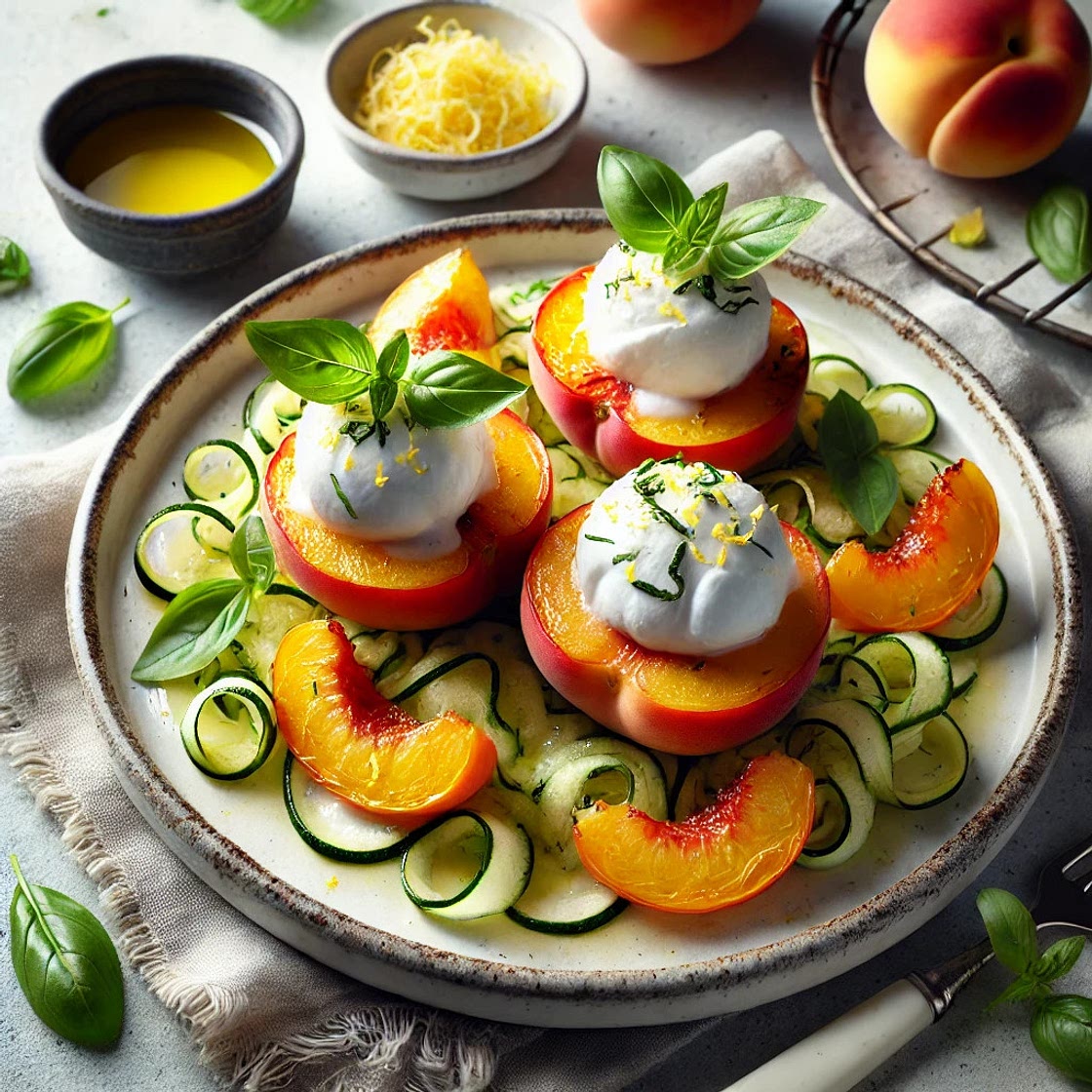 Roasted Peaches, Burrata, Basil, and Lemon with Courgette Shavings