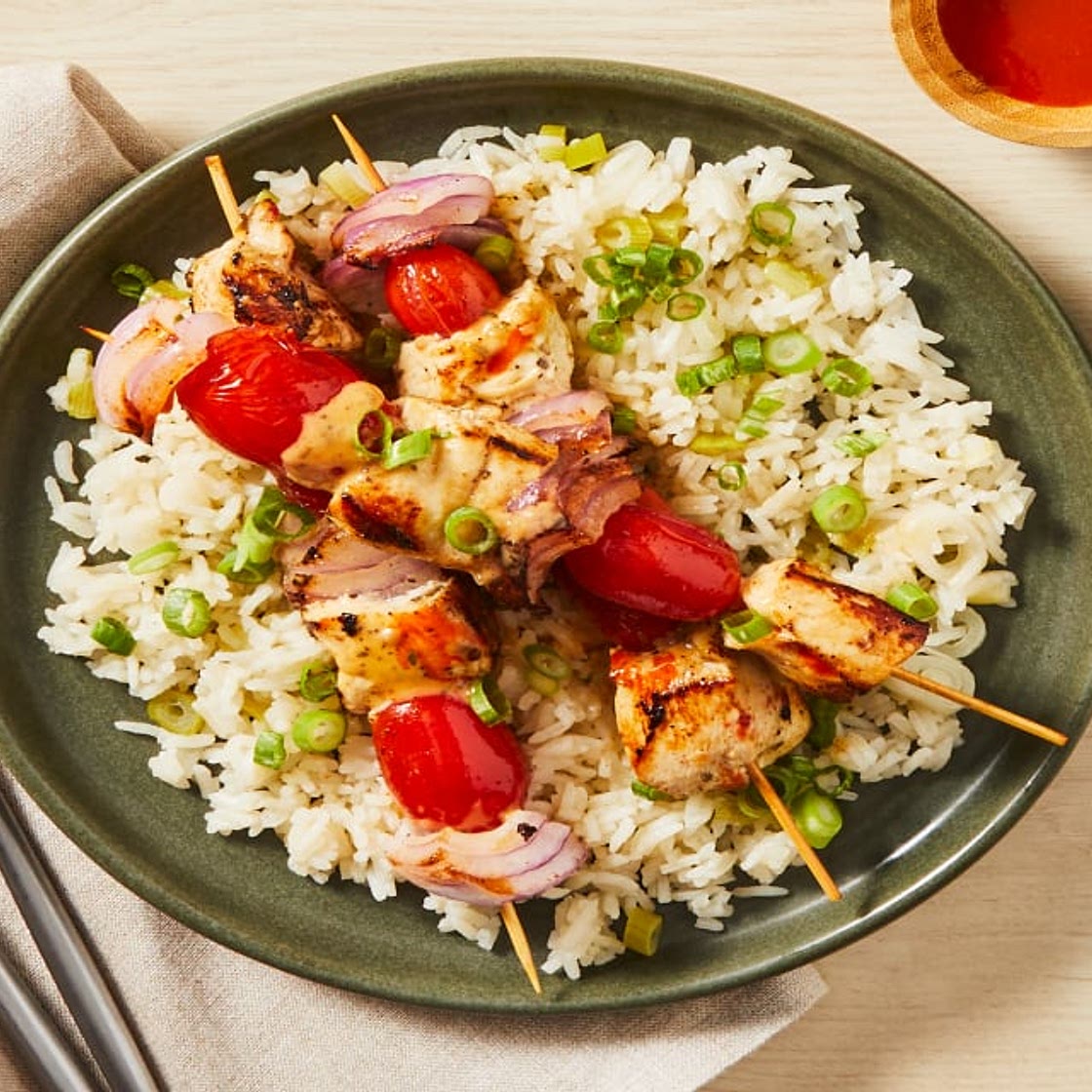 Marinated Chicken Shawarma Skewers with Onion & Tomatoes over Scallion Rice