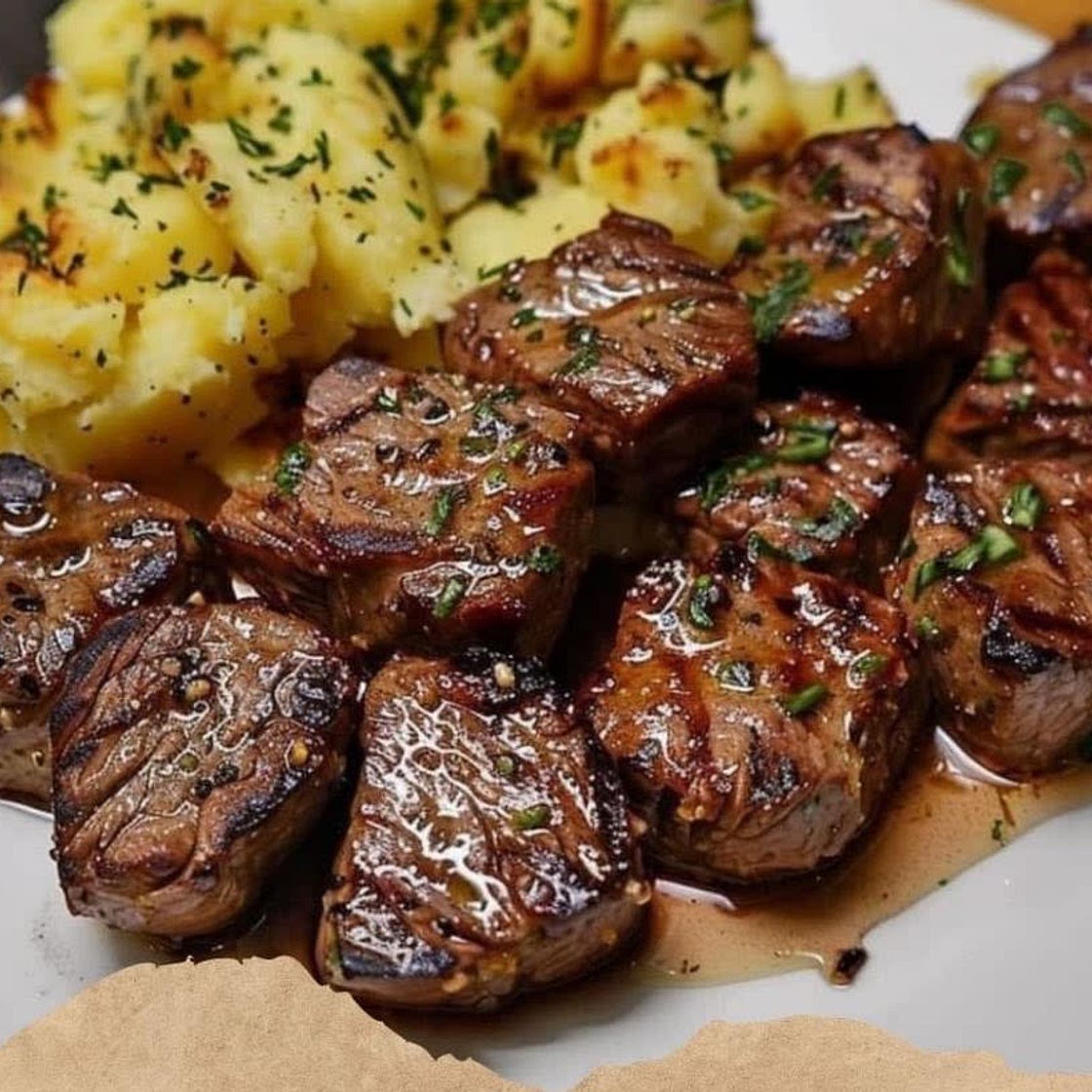 Garlic Butter Steak Bites and Cheesy Smashed Potatoes