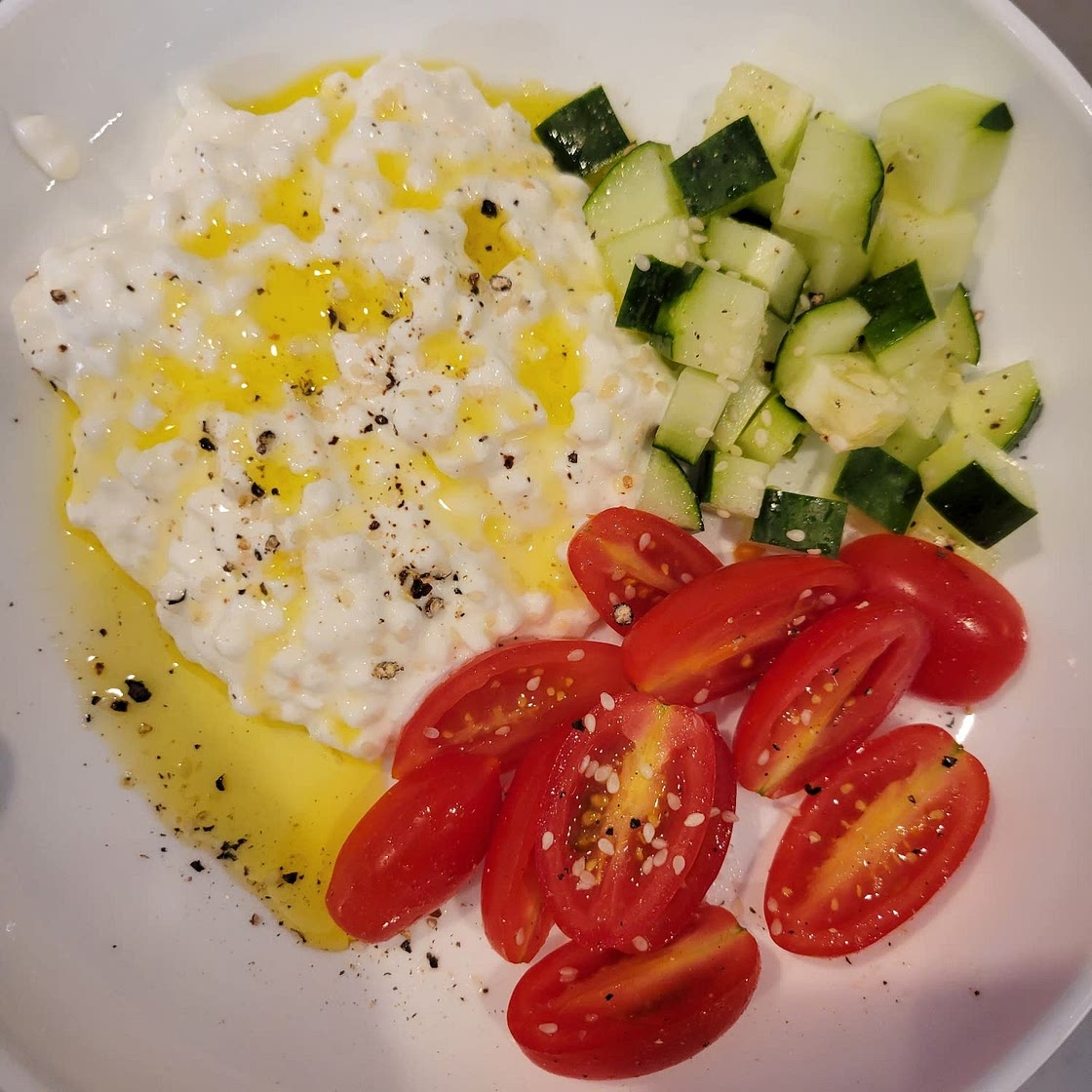 Savory Cottage Cheese with Cucumber, Tomato, and Sesame Seeds