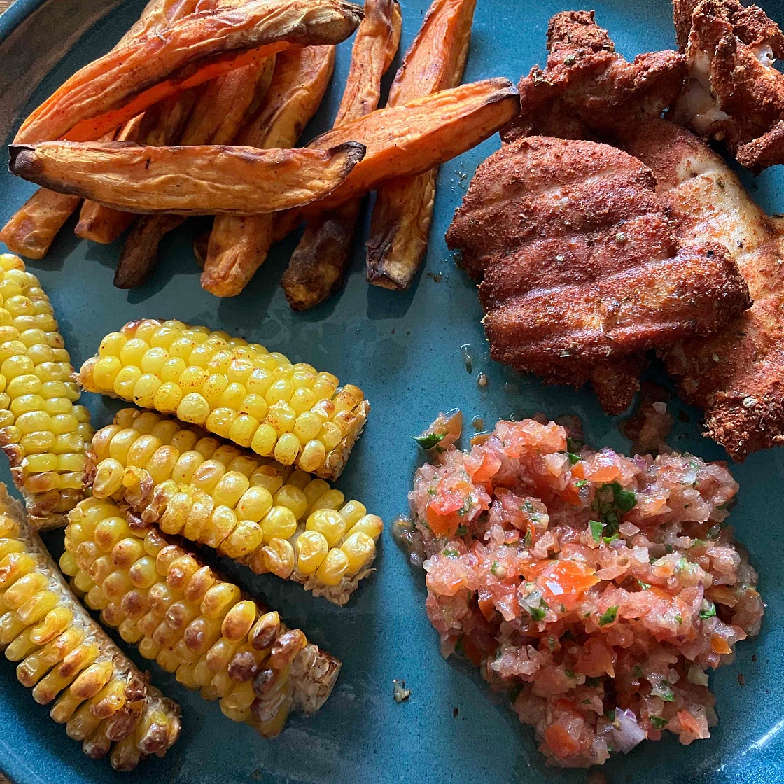 Syn Free Peri Peri Chicken, Sweet Potato, Corn Ribs and Salsa