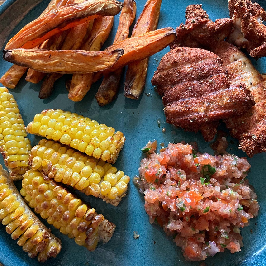 Syn Free Peri Peri Chicken, Sweet Potato, Corn Ribs and Salsa