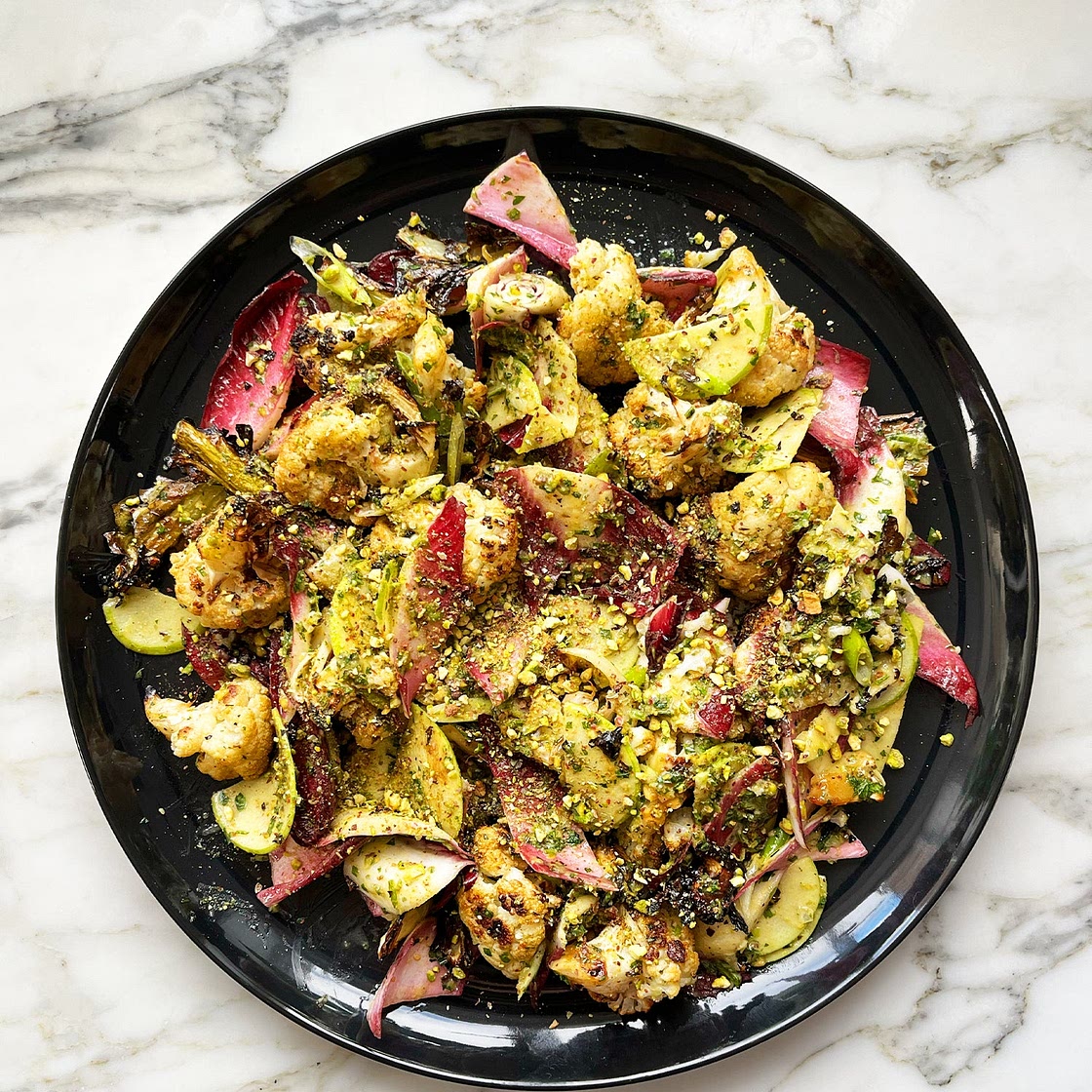 Cauliflower salad with miso dressing and pistachio pesto