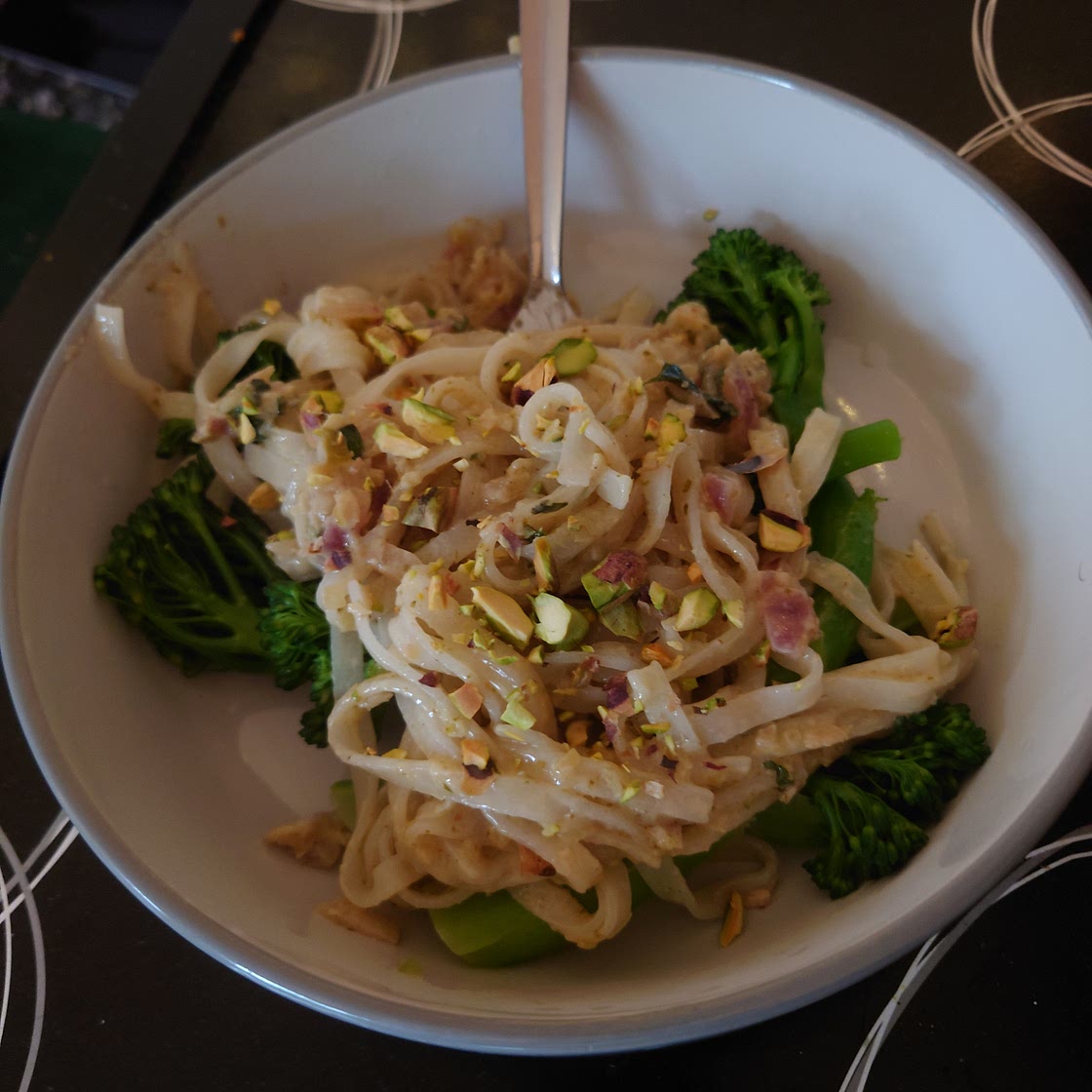 Purple-sprouting broccoli with rice noodles